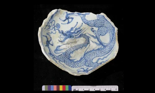 Fragment de bol din porțelan albastru-și-alb din dinastia Yuan, decorat la interior cu un dragon, secolul al XIV-lea (© dr. Michael Flecker)