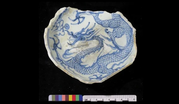 Fragment de bol din porțelan albastru-și-alb din dinastia Yuan, decorat la interior cu un dragon, secolul al XIV-lea (© dr. Michael Flecker)