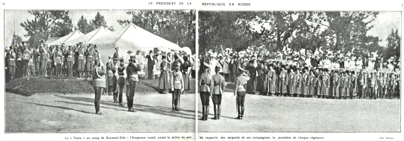 Iulie 1914, Krasnoie Selo. Primirea raportului de seară al trupelor de către țarul Nicolae al II-lea în timpul vizitei președintelui Raymond Poincaré în Rusia (© ANR, SANIC, Album 257 f. 14v-15)