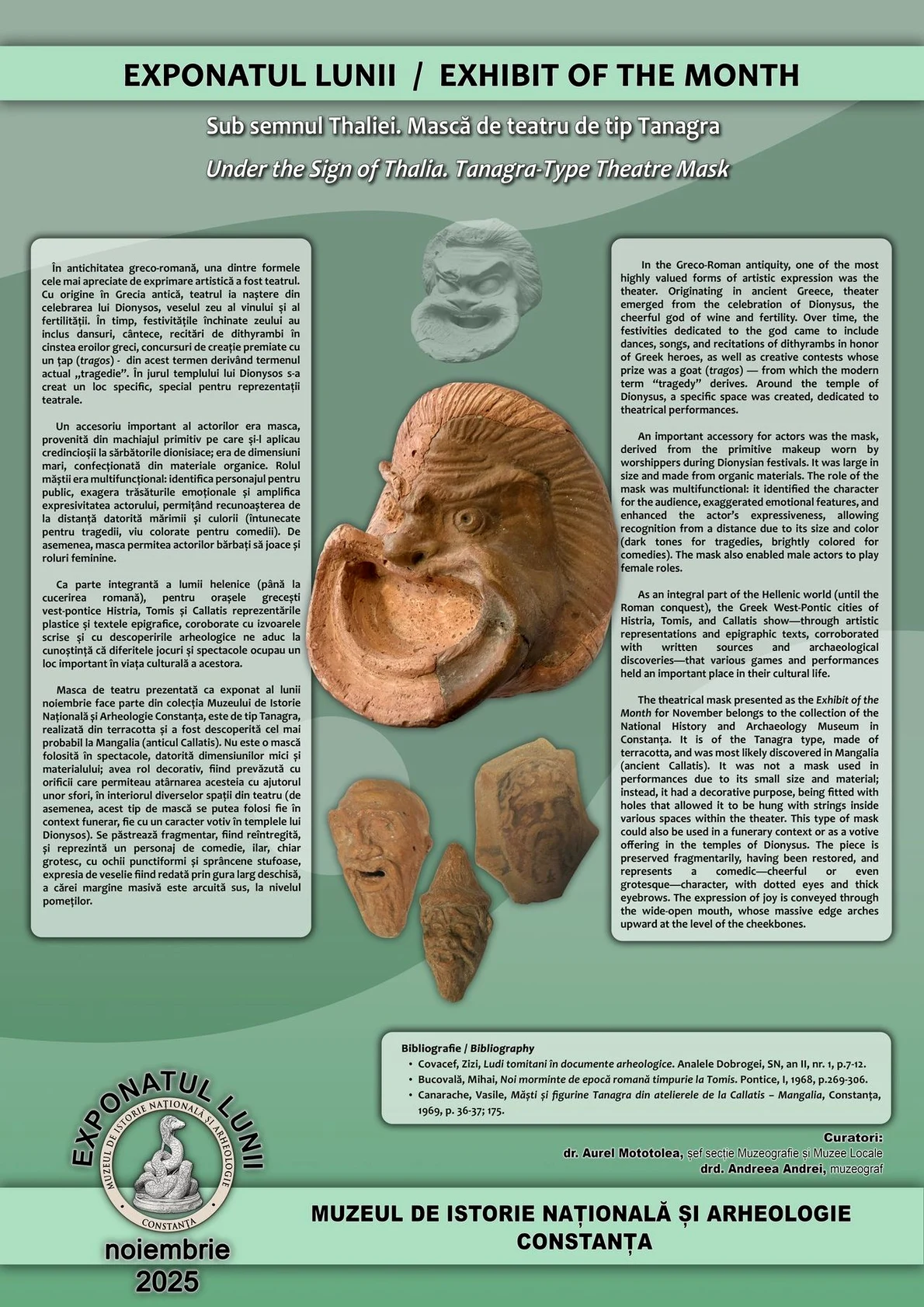 O mască de teatru descoperită în anticul Callatis, exponatul lunii la Muzeul de Istorie Națională și Arheologie Constanța