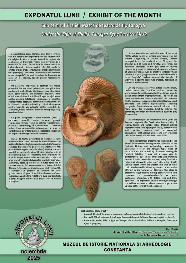 O mască de teatru descoperită în anticul Callatis, exponatul lunii la Muzeul de Istorie Națională și Arheologie Constanța