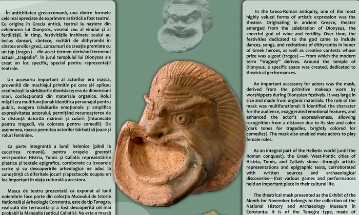O mască de teatru descoperită în anticul Callatis, exponatul lunii la Muzeul de Istorie Națională și Arheologie Constanța