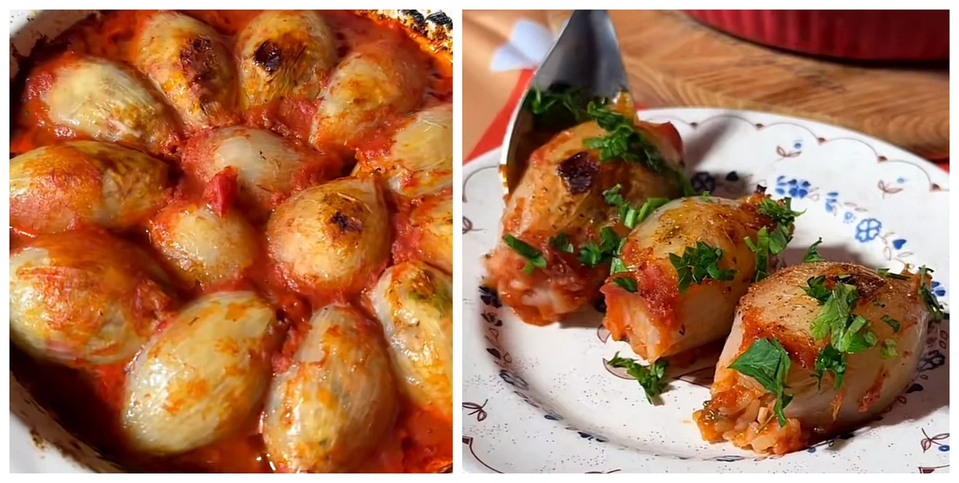 Ceapă umplută cu carne tocată și orez, un preparat surprinzător și delicios / FOTO: Colaj TikTok