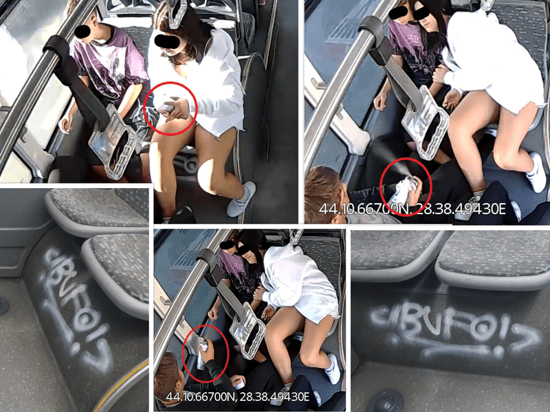 Autobuz vandalizat cu graffitti pe interior. Fapta, filmată de camerele de luat vedri
