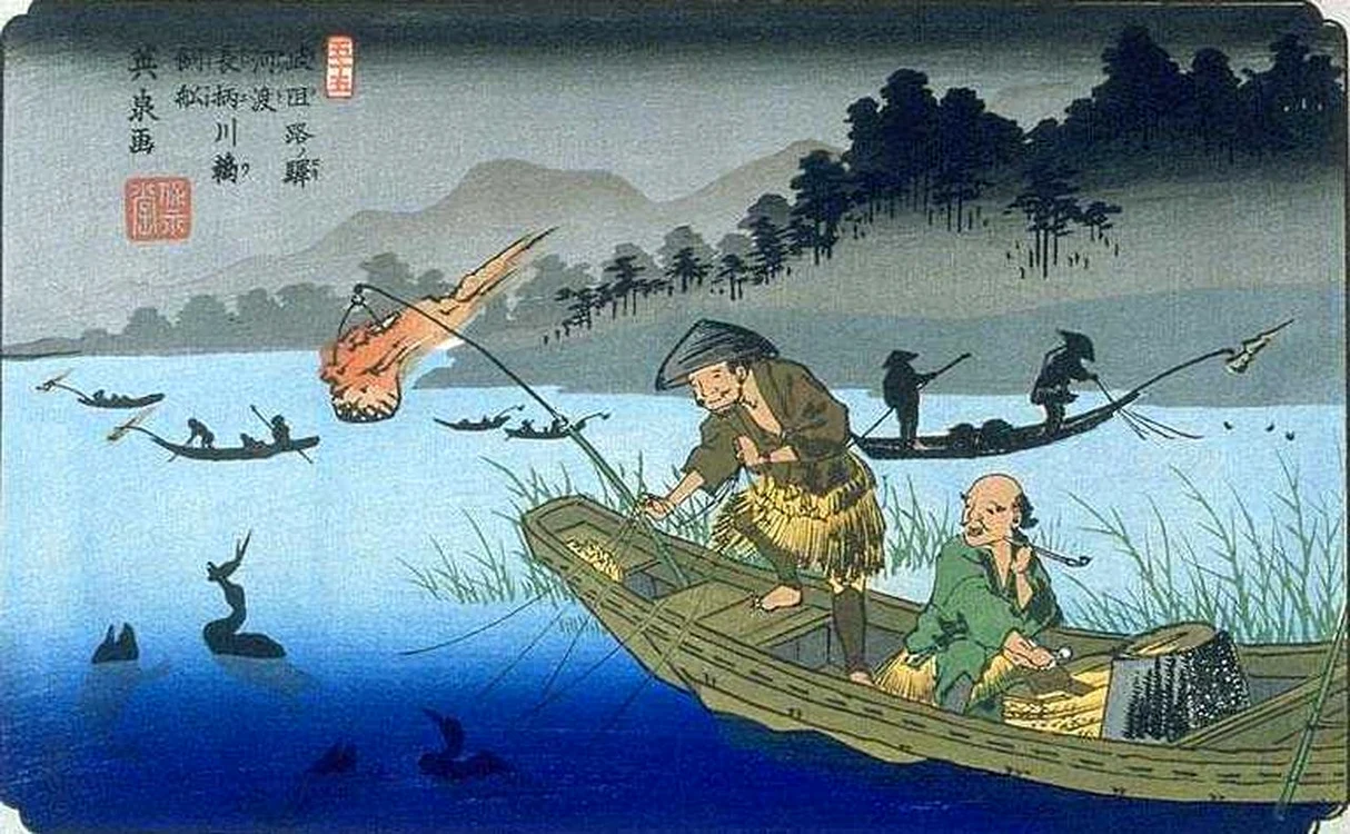 Pescuit cu cormorani pe râul Nagara, în perioada Edo. Pictură de Keisai Eisen