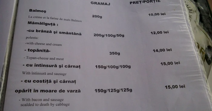 Meniu în limba engleză la o pensiune din Apuseni