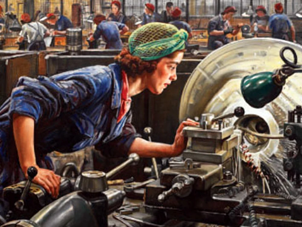 Pictura „Ruby Loftus Screwing a Breech Ring”, semnată de Laura Knight, 1941