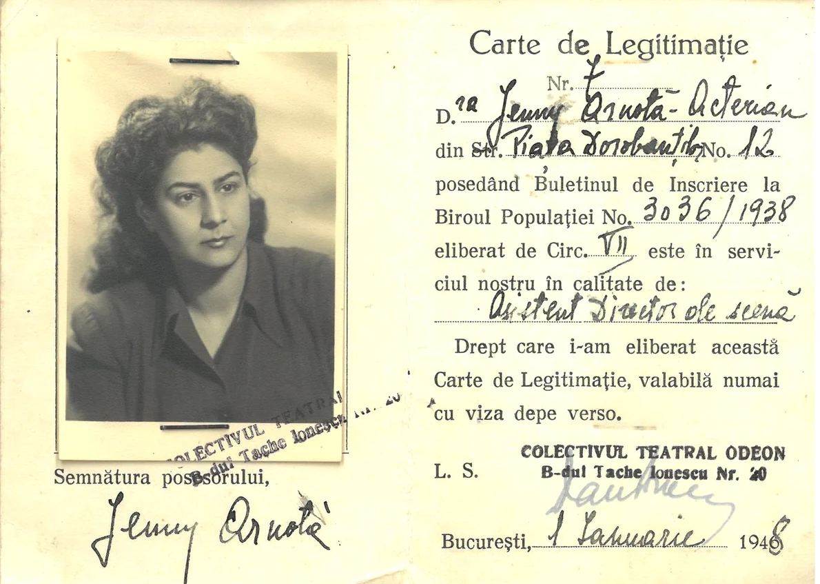 1 ianuarie 1948, București. Legitimaţia Eugeniei-Jeni Acterian (Jenny Arnotă) asistent director de scenă la Teatrul Odeon (© Arhivele Naționale ale României, fond familial Acterian, dosar 48)