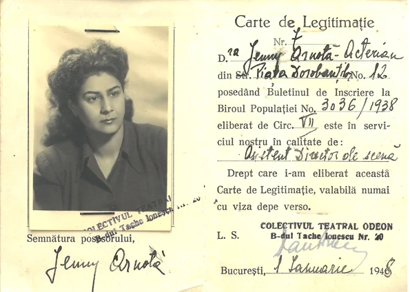 1 ianuarie 1948, București. Legitimaţia Eugeniei-Jeni Acterian (Jenny Arnotă) asistent director de scenă la Teatrul Odeon (© Arhivele Naționale ale României, fond familial Acterian, dosar 48)