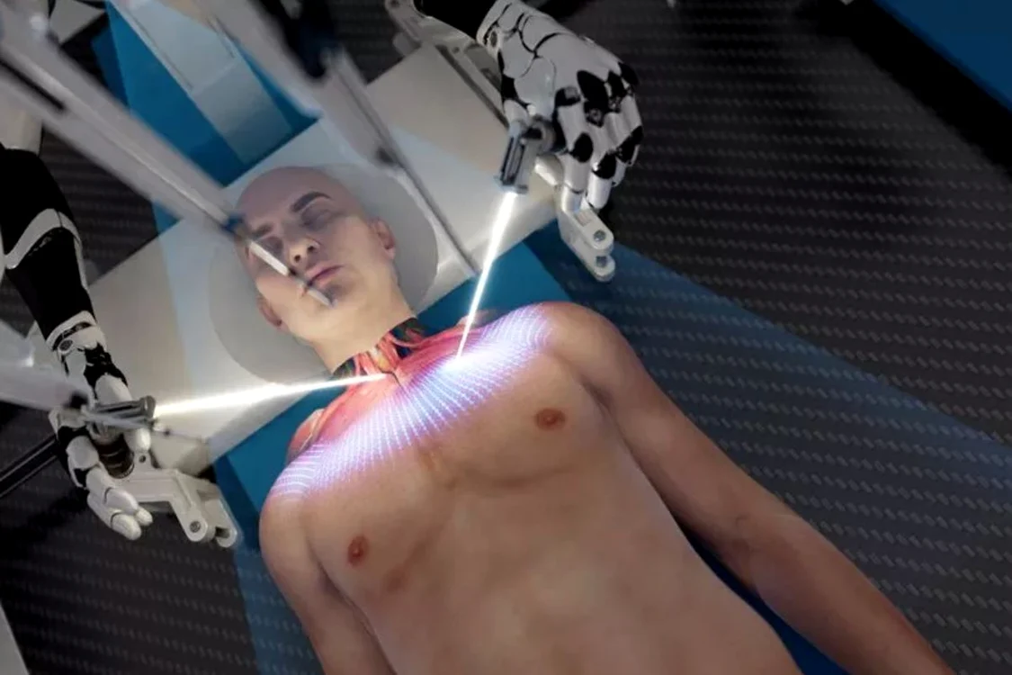 Animație a unui transplant de cap la oameni, făcută de compania BrainBridge