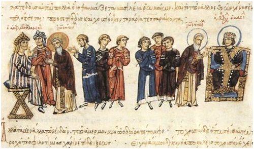 Detaliu dintr-un manuscris, care îl înfățișează pe un ambasador bizantin în misiune la liderul arabilor. În cazul de față, ambasadorul este Ioan Syggelos/Grammaticos, patriarh de Constantinopole.