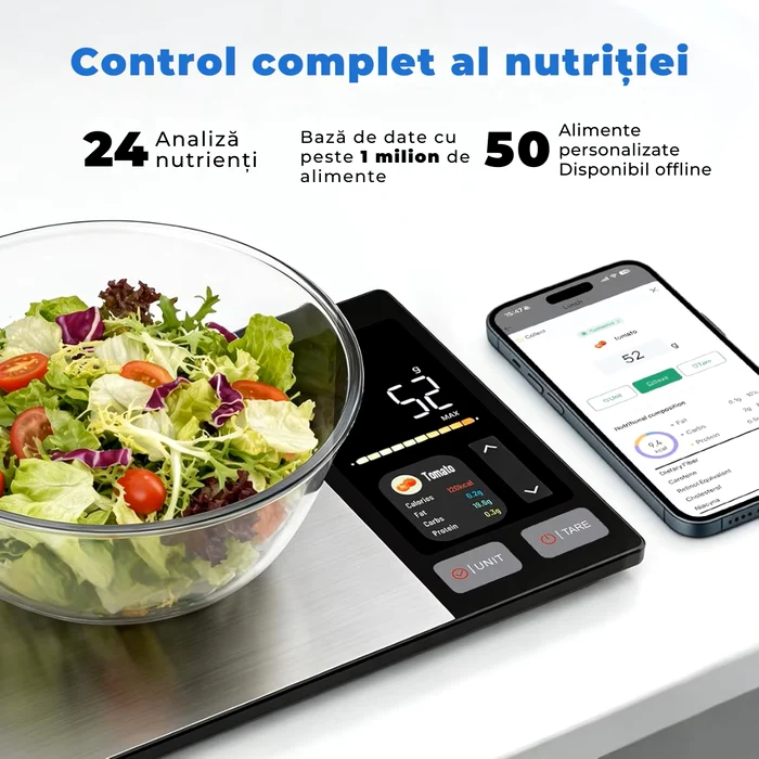 ZENIVO Smart cântărește salata și afișează în aplicație informații despre nutrienți și calorii /eMAG