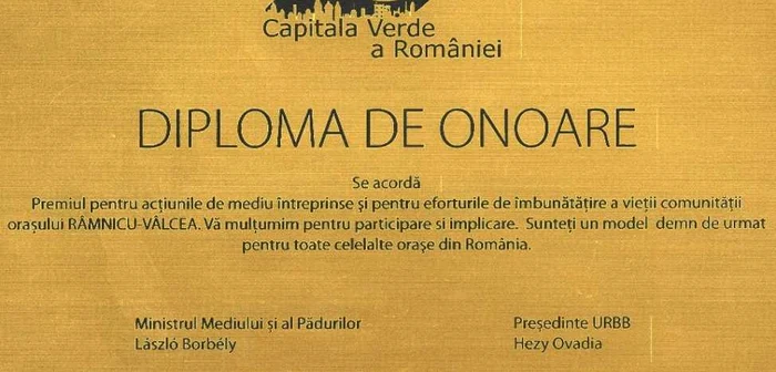 Primaria Ramnicului a obtinut Diploma de Onoare pentru participarea la competitia Capitala Verde