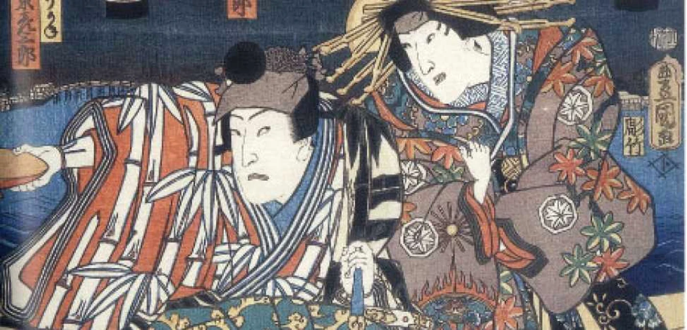 Iwai Kumesaburo III şi Bando Hikosaburo V în piesa „Crengi de arţar pe corabia Takao“ 