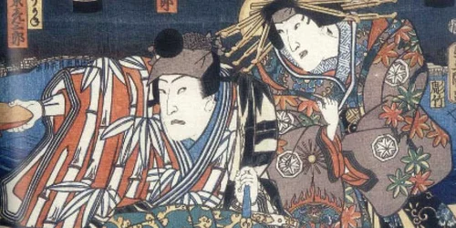 Iwai Kumesaburo III şi Bando Hikosaburo V în piesa „Crengi de arţar pe corabia Takao“ 