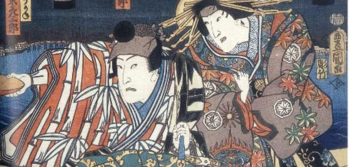 Iwai Kumesaburo III şi Bando Hikosaburo V în piesa „Crengi de arţar pe corabia Takao“