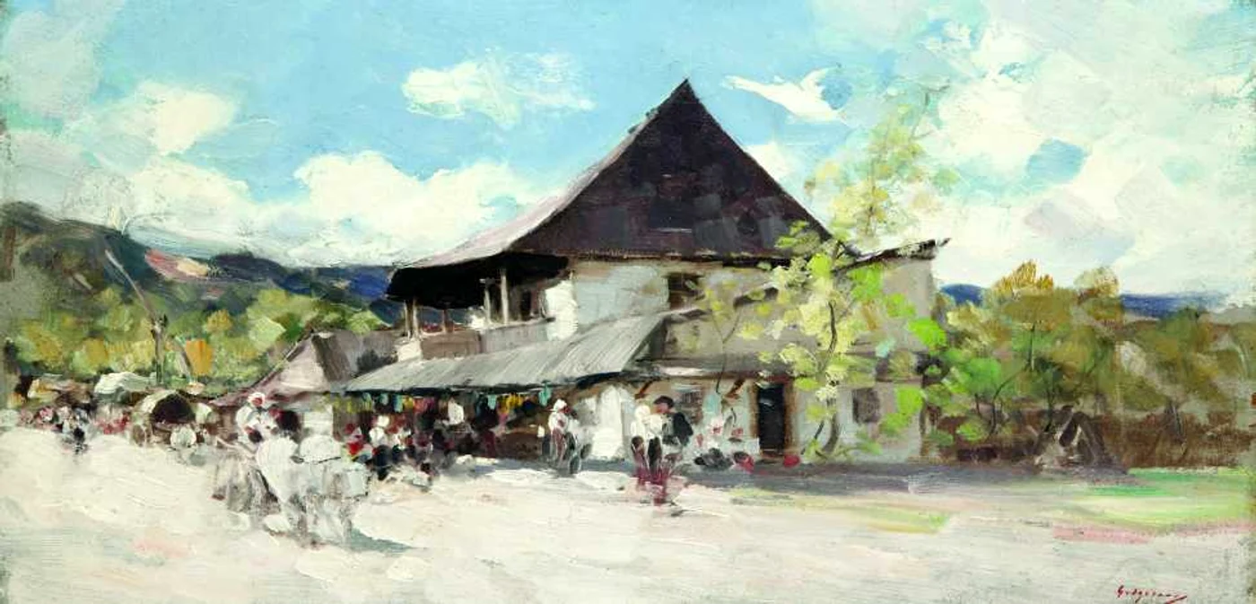 Nicolae Grigorescu, „Cârciumă la Rucăr“, ulei pe pânză, 24,2x45 cm, semnat şi nedatat   FOTO: Courtesy of Bonhams