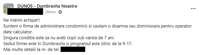 Anunțul a fost șters la scurt timp după ce a fost postat, în urma comentariilor