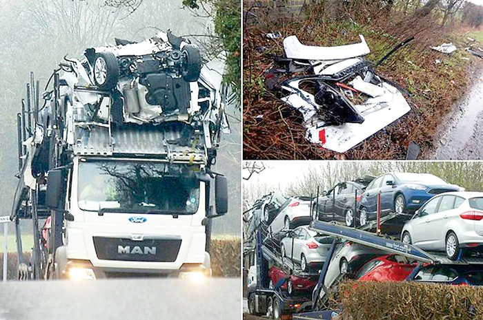 Şoferul tirului a buşit 10 automobile noi