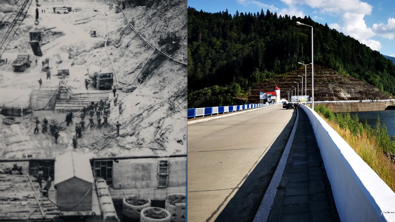 Barajul Gura Apelor din Retezat, în 1980 și în 2022. Colaj. Foto: Hidroconstrucția / Daniel Guță