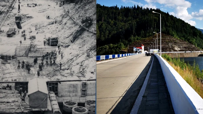 Barajul Gura Apelor din Retezat, în 1980 și în 2022. Colaj. Foto: Hidroconstrucția / Daniel Guță