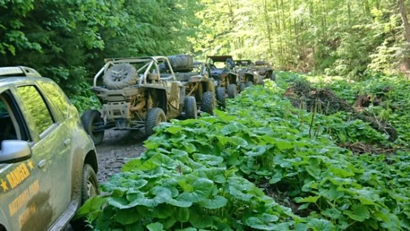 Grupul de turişti francezi a pătruns cu vehiculele de teren în aria parcului naţional FOTO: Salvamotn Neamţ