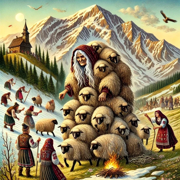 Ilustrație care sugerează trecerea de la iarnă la primăvară, obiceiuri și legenda Babei Dochia