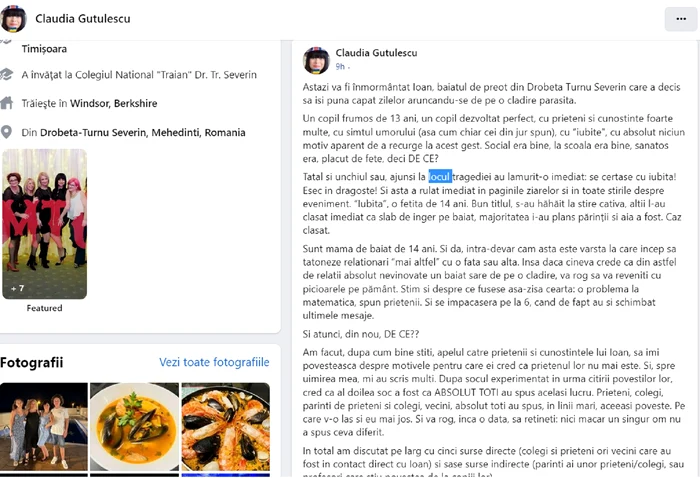 Postarea pe Facebook legată de motivul sinuciderii băiatului din Drobeta Turnu Severin