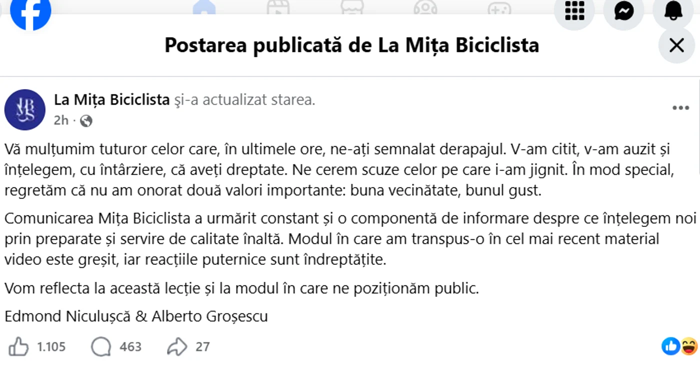 Mesajul transmis de pagina oficială La Mița Biciclista 