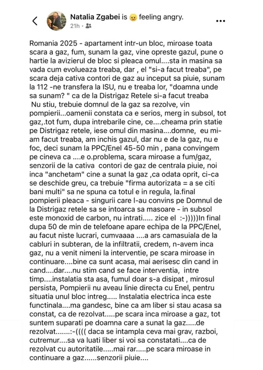 Postarea de pe Facebook a unei locatare din blocul unde a avut loc explozia