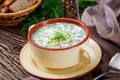 summer yogurt cold soup with egg cucumber dill wooden table jpg