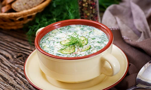 summer yogurt cold soup with egg cucumber dill wooden table jpg