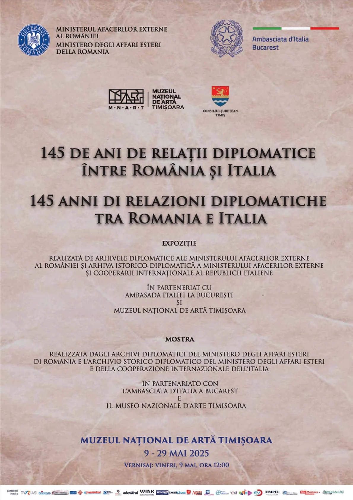 Expoziția „145 de ani de relații diplomatice între România și Italia” la Muzeul Național de Artă Timișoara