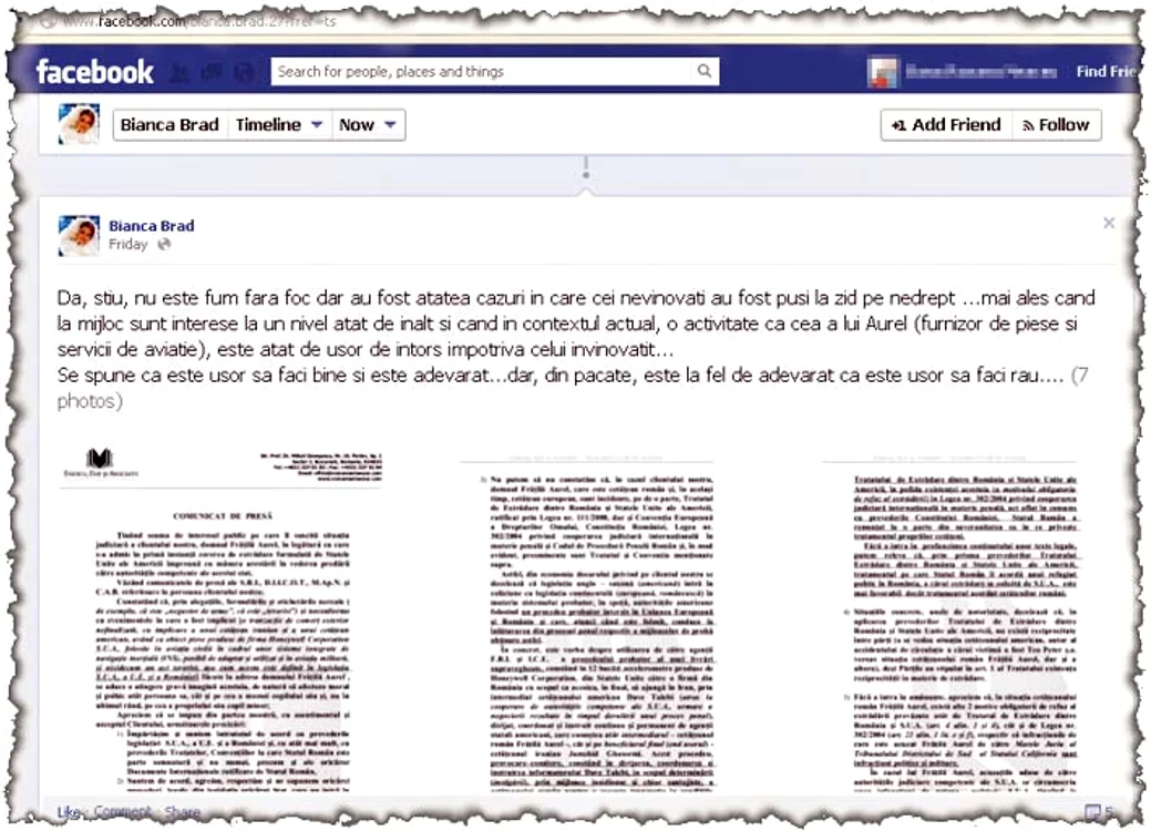 Acesta este unul  dintre mesajele postate  de Bianca pe contul  său de Facebook