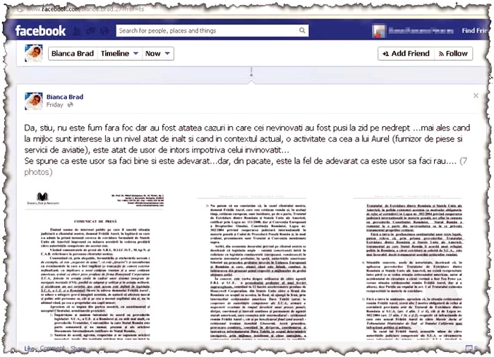 Acesta este unul dintre mesajele postate de Bianca pe contul său de Facebook