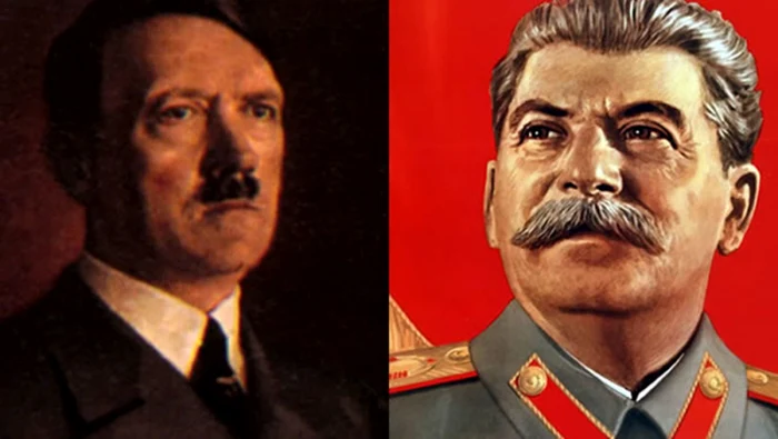 Colaj cu Adolf Hitler (stânga) şi Iosif Visarionovici Stalin, complici şi apoi inamici în cel de-al Doilea Război Mondial FOTO history.com
