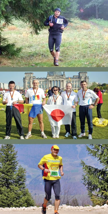 Daniel Lixandru în timpul unui concurs, în munţii Ciucaş, la maratonul de la Berlin, în 2008 şi la Ecomaratonul din munţii Piatra Craiului Foto: Pavel Laurenţiu