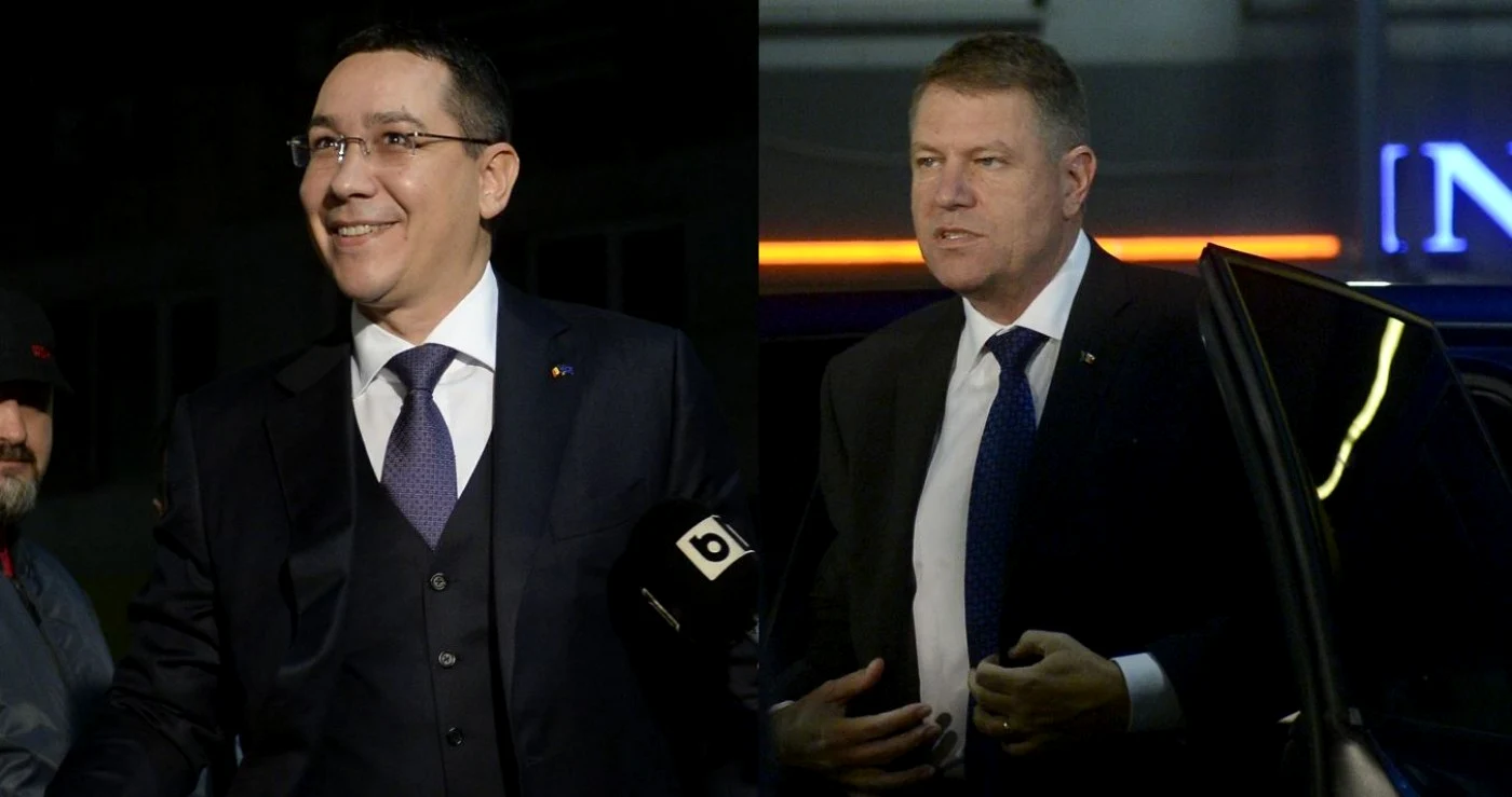 Candidatul PSD-UNPR-PC la prezidenţiale, Victor Ponta, şi candidatul ACL, Klaus Iohannis, sosind la sediul B1TV din Capitală, miercuri seară, pentru a doua dezbatere televizată FOTO Colaj Mediafax