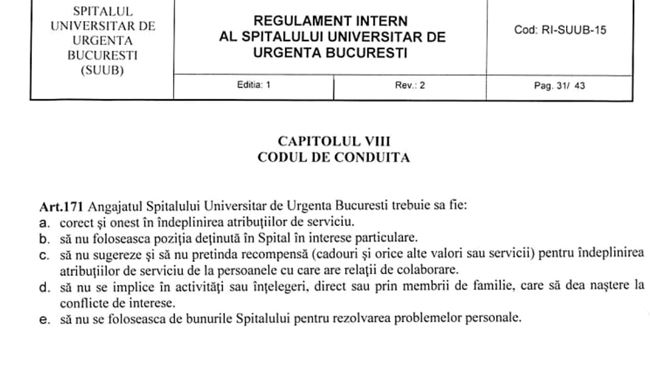 Şpaga este interziyă prin codul de conduită, în Spitalul Universitar de Urgenţă Bucureşti
