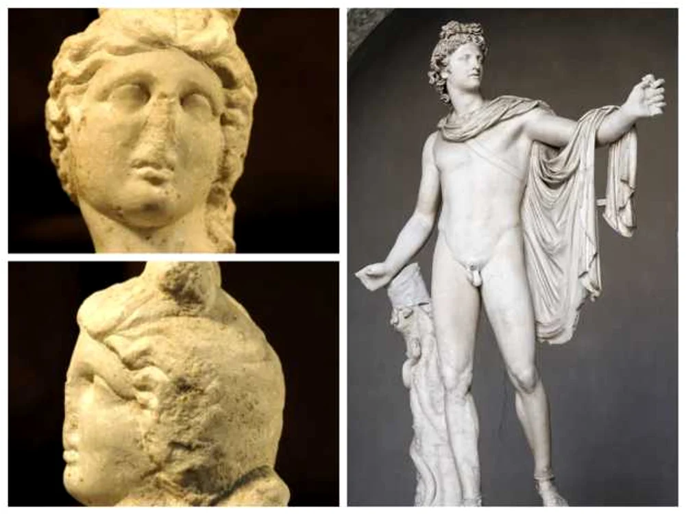 Capul statuetei (stânga) aminteşte de celebra statuie Apollo Belvedere, păstrată la Muzeul Vaticanului