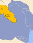 Harta României interbelice: în galben este marcată porțiunea cedată Ungariei în urma Dictatului de la Viena (© Wikimedia Commons)