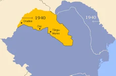Harta României interbelice: în galben este marcată porțiunea cedată Ungariei în urma Dictatului de la Viena (© Wikimedia Commons)