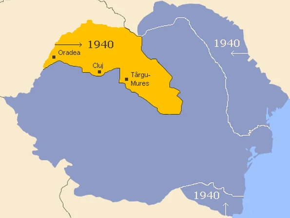 Harta României interbelice: în galben este marcată porțiunea cedată Ungariei în urma Dictatului de la Viena (© Wikimedia Commons)