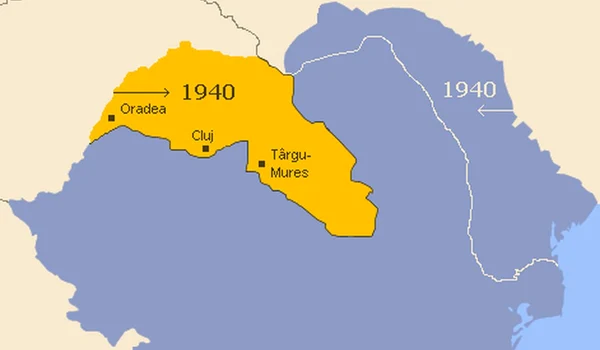 Harta României interbelice: în galben este marcată porțiunea cedată Ungariei în urma Dictatului de la Viena (© Wikimedia Commons)