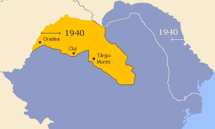 Harta României interbelice: în galben este marcată porțiunea cedată Ungariei în urma Dictatului de la Viena (© Wikimedia Commons)