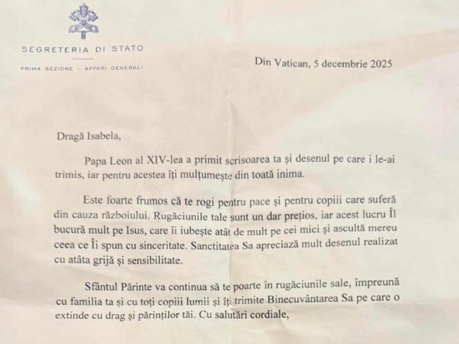 Ce i-a transmis Papa Leon al XIV-lea unei fetițe din București care i-a trimis o scrisoare și un desen: „Rugăciunile tale sunt un dar prețios”