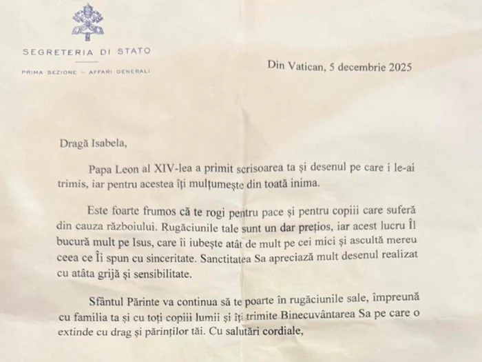 Ce i-a transmis Papa Leon al XIV-lea unei fetițe din București care i-a trimis o scrisoare și un desen: „Rugăciunile tale sunt un dar prețios”