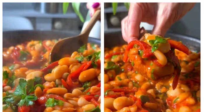 Rețeta de fasole cu ardei copt în sos cremos / FOTO: Colaj captură video TikTok