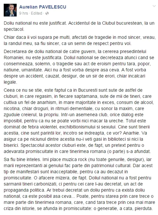 Declarația halucinantă a președintelui PNȚCD, Aurelian Pavelescu, a fost publicată pe Facebook de către politician