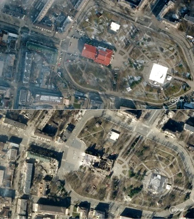 Imagine de satelit cu Mariupol înainte şi după bombardamente foto: AFP